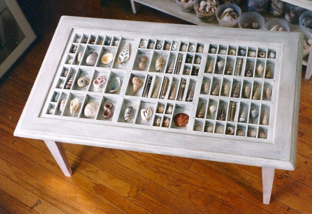 Coffee table with shells, distressed white23.5"x38.5", custom